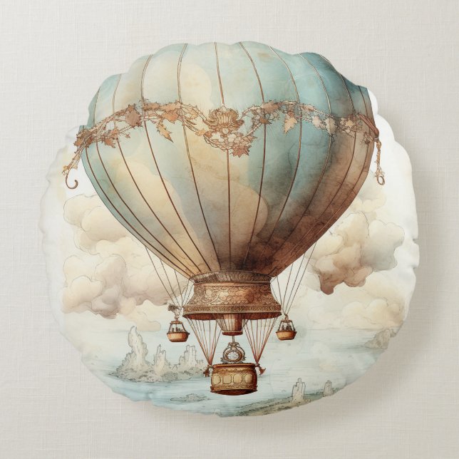 Vintage Steampunk Hot Air Balloon (2) Round Pillow (Front)