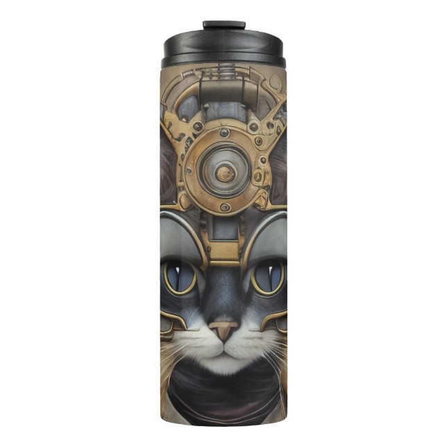 Vintage Steampunk Mechanical Cat Thermal Tumbler (Front)