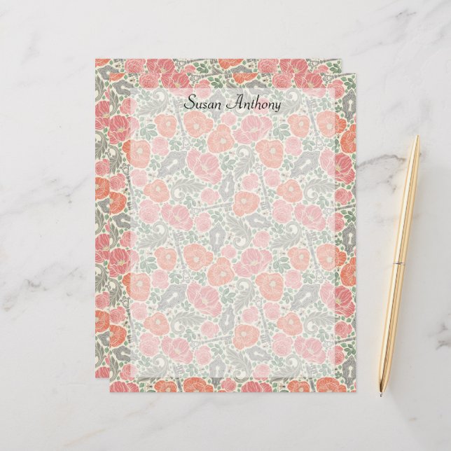 Vintage Steampunk Old Lock Key Red Poppy Paper (Front/Back In Situ)