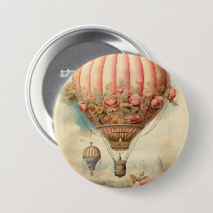 Vintage Steampunk Pink Floral Hot Air Balloon 3 Inch Round Button