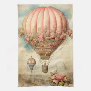 Vintage Steampunk Pink Floral Hot Air Balloon Kitchen Towel