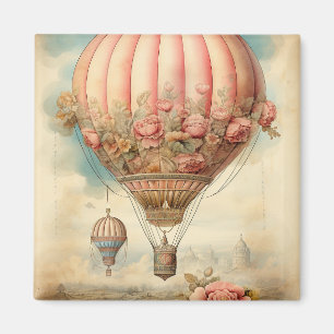 Vintage Steampunk Pink Floral Hot Air Balloon Magnet