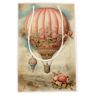 Vintage Steampunk Pink Floral Hot Air Balloon Medium Gift Bag