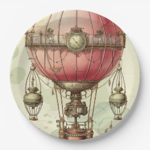 Vintage Steampunk Pink Hot Air Balloon (2) Paper Plate