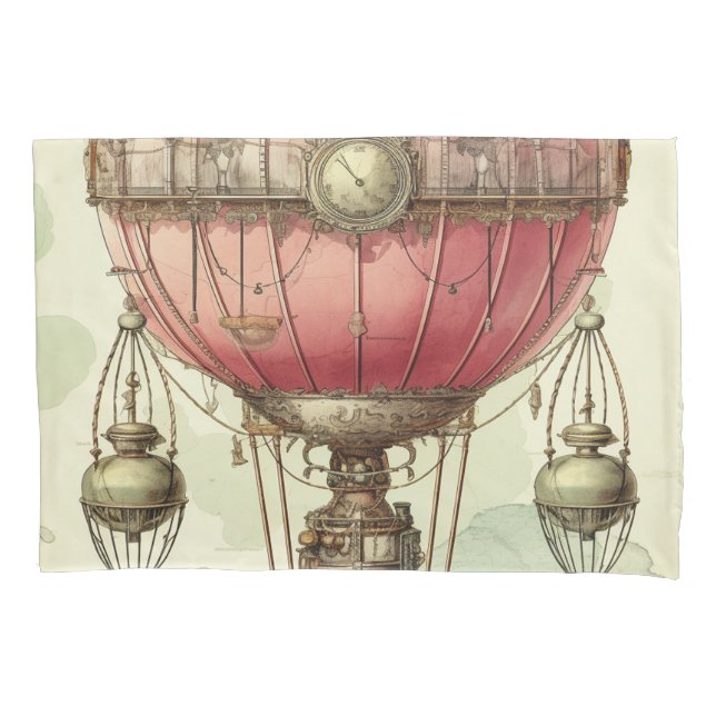 Vintage Steampunk Pink Hot Air Balloon (2) Pillowcase (Front-Left)