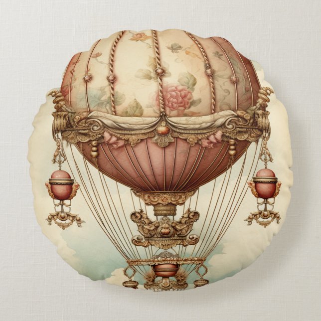 Vintage Steampunk Pink Hot Air Balloon Round Pillow (Front)