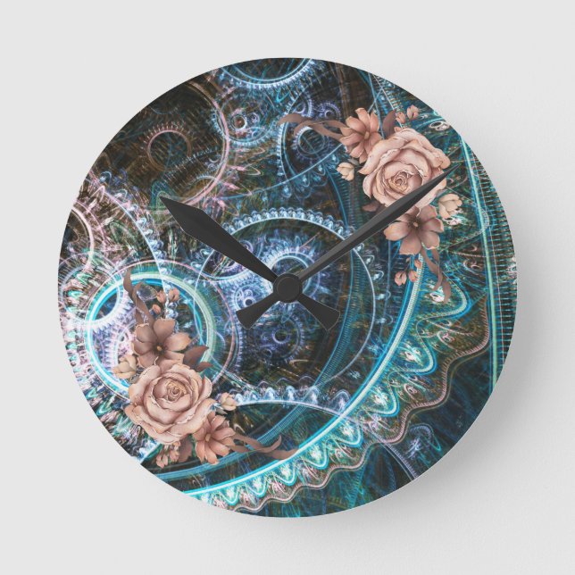Vintage Steampunk Rustic Rose Abstract Round Clock (Front)