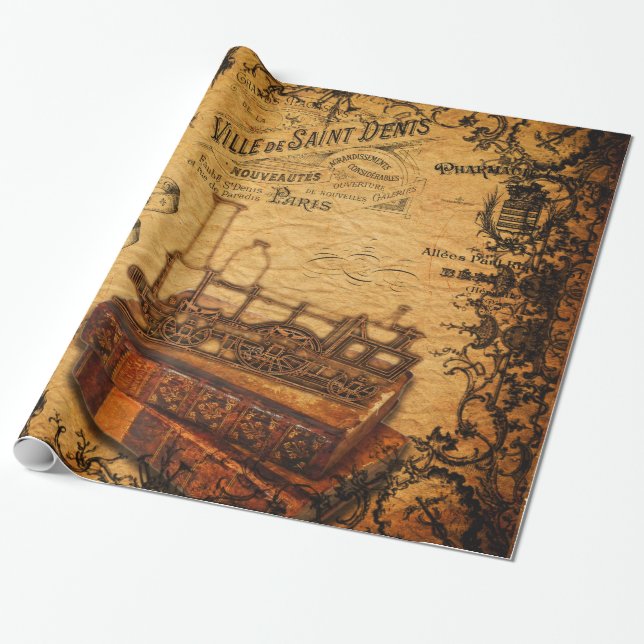 Vintage Steampunk Train Wallpaper Wrapping Paper (Unrolled)