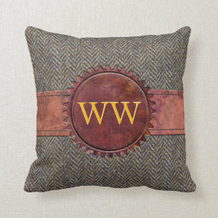 Vintage Steampunk Tweed and Leather Monogram Throw Pillow