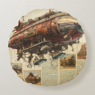 Vintage Steampunk Zeppelin (11) Tissue Paper Round Pillow