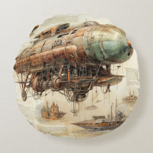 Vintage Steampunk Zeppelin (4) Round Pillow