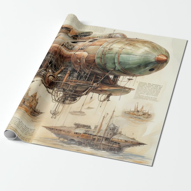 Vintage Steampunk Zeppelin (4) Wrapping Paper (Unrolled)