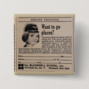 Vintage Stewardess Flight Attendant 2 Inch Square Button