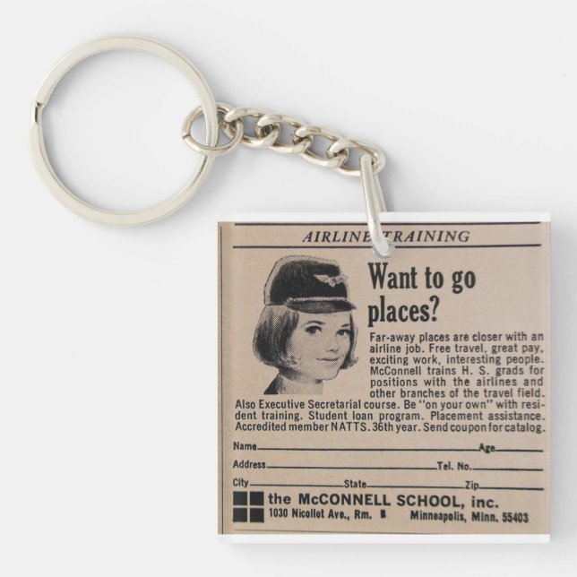 Vintage Stewardess Flight Attendant Keychain (Front)