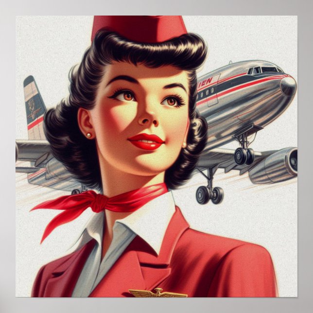 Vintage Stewardess Illustration Poster (Front)