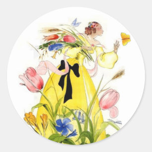 Vintage Sticker Garden Lady Reaching For Butterfly