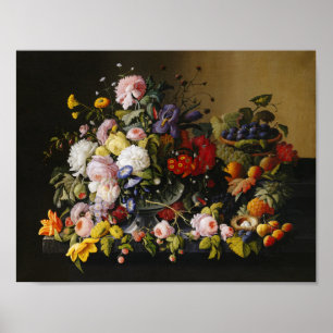 Vintage Still Life Flowers and Fruits Poster