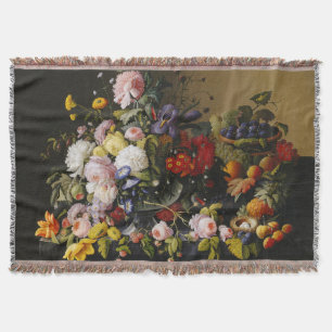 Vintage Still Life Flowers and Fruits Throw Blanket