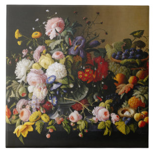 Vintage Still Life Flowers and Fruits Tile