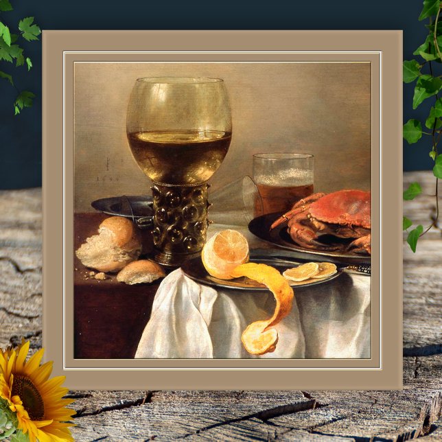 Vintage Still Life with Crab Tile (Ceramic kitchen tile featuring a vintage still life painting with food and wine)