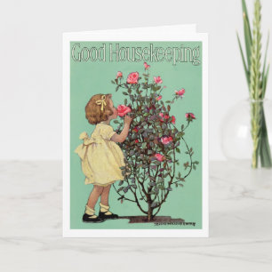 VINTAGE "STOP & SMELL THE ROSES" EASTER GIRL HOLIDAY CARD