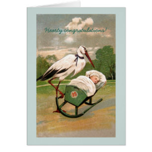 Vintage stork baby boy cradle announcement card