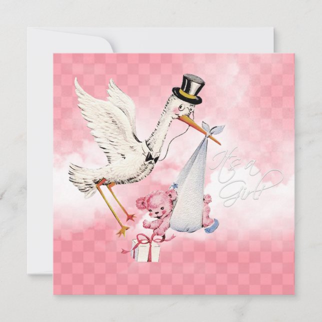 Vintage Stork Baby Girl Shower Invitation (Front)