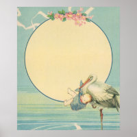 Vintage Stork Carrying Baby Boy in Blue Blanket
