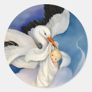 Vintage Stork Delivering Baby Watercolor Classic Round Sticker