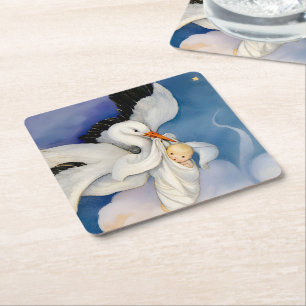 Vintage Stork Delivering Baby Watercolor  Square Paper Coaster