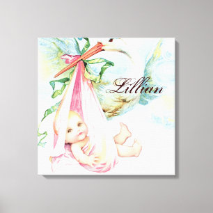 Vintage Stork Pink Nursery Wall Hanging Canvas Print