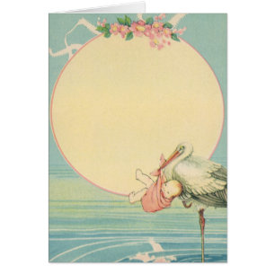 Vintage Stork with Baby Girl in Pink Blanket