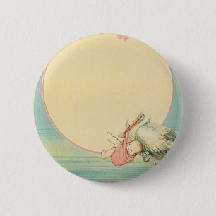 Vintage Stork with Baby Girl in Pink Blanket 2 Inch Round Button