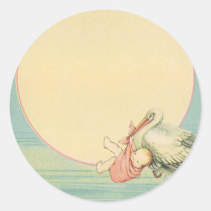 Vintage Stork with Baby Girl in Pink Blanket Classic Round Sticker