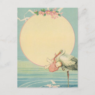 Vintage Stork with Baby Girl in Pink Blanket Postcard