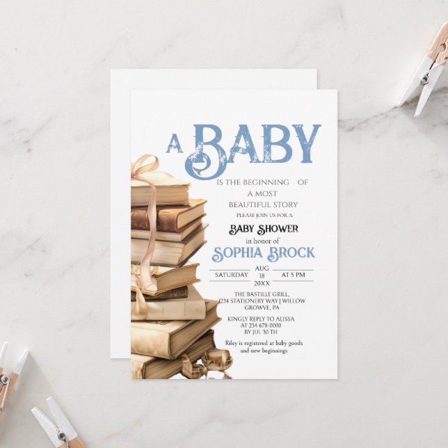 Vintage Storybook Navy Blue Baby Shower Invitation (Front/Back In Situ)