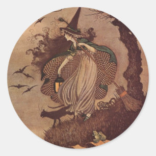 Vintage Storybook Witch and Black Cat Halloween Classic Round Sticker