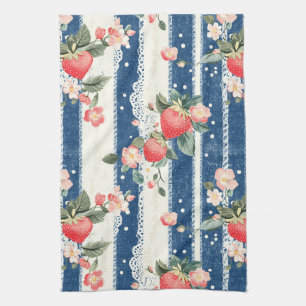 Vintage Strawberries & Blooms on Blue Stripes (2) Kitchen Towel