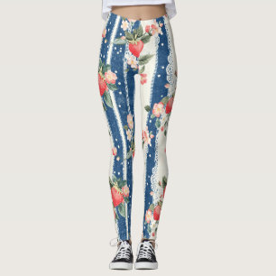 Vintage Strawberries & Blooms on Blue Stripes (2) Leggings