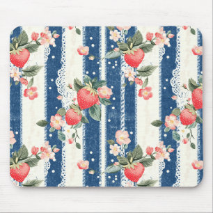 Vintage Strawberries & Blooms on Blue Stripes (2) Mouse Pad