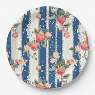 Vintage Strawberries & Blooms on Blue Stripes (2) Paper Plate