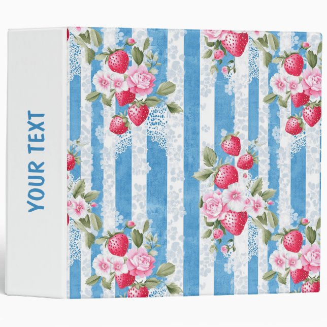 Vintage Strawberries & Blooms on Blue Stripes Binder (Front/Spine)