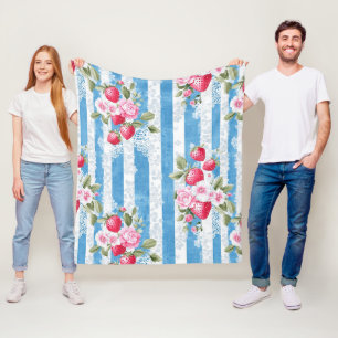 Vintage Strawberries & Blooms on Blue Stripes Fleece Blanket
