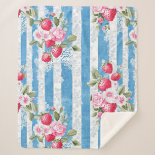 Vintage Strawberries & Blooms on Blue Stripes Sherpa Blanket