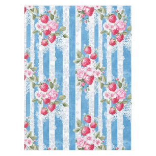 Vintage Strawberries & Blooms on Blue Stripes Tablecloth