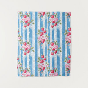 Vintage Strawberries & Blooms on Blue Stripes Tapestry