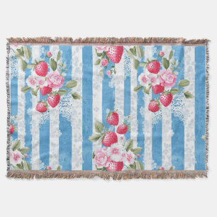 Vintage Strawberries & Blooms on Blue Stripes Throw Blanket
