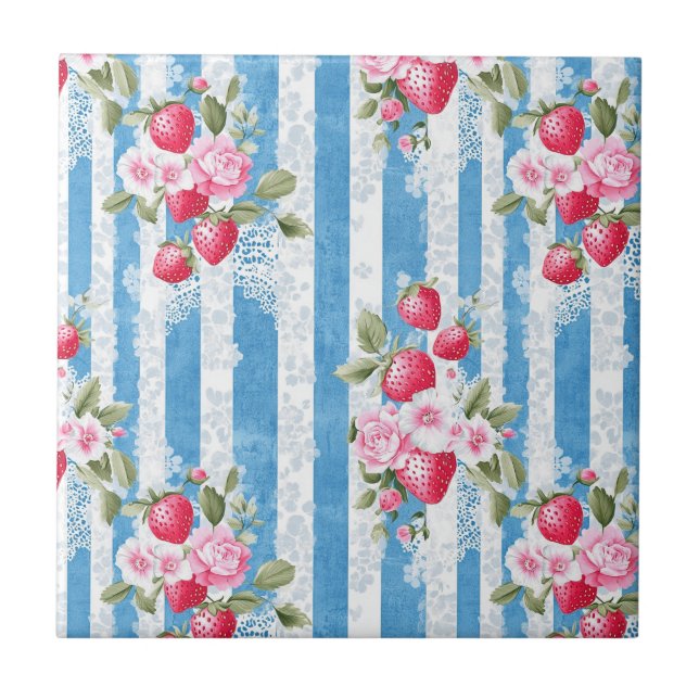 Vintage Strawberries & Blooms on Blue Stripes Tile (Front)