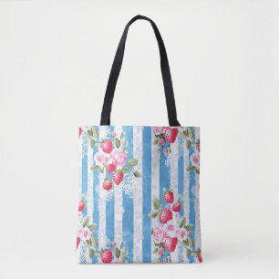 Vintage Strawberries & Blooms on Blue Stripes Tote Bag