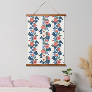 Vintage Strawberries & Blue Leaves Floral Pattern Hanging Tapestry